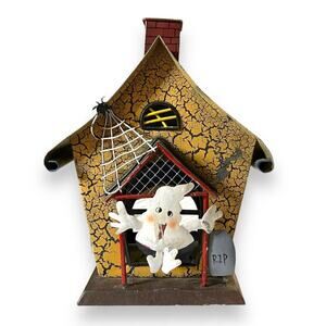Handmade Birdhouse Candle Votive Halloween Haunted House Ghost Spider Metal